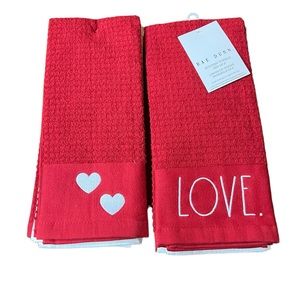 Rae Dunn New Love, Love Always, 💕 3-piece kitchen towel set. 2 red and 1-white